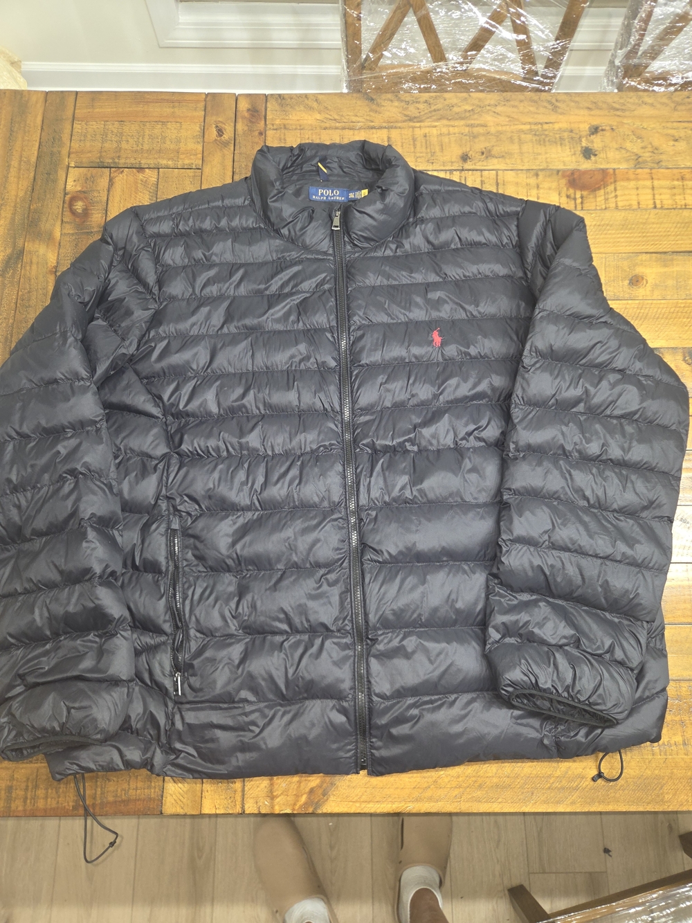 Ralph Lauren Black Packable Down-Style Puffer Jacket with Red Polo Logo